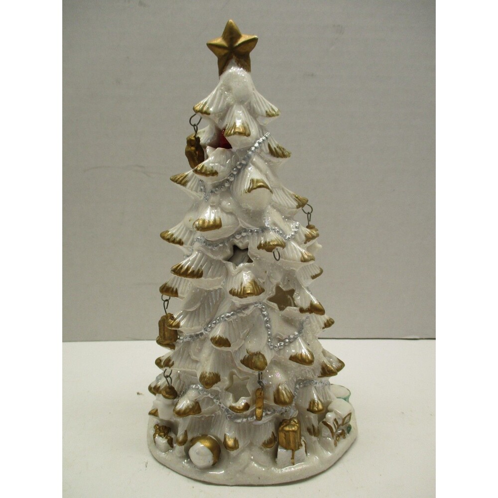 Candle Pierced Ceramic White GOLD Christmas Tree Tea Light Holder Luminary